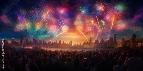Multicolor Fireworks Elicit Cheers from a Vibrant Crowd Celebrating in Collective Joy and Dynamic Festivities