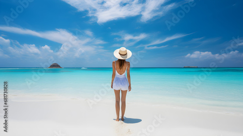 Woman looking at turquoise ocean water  © Taisiia