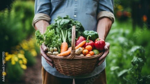 An image of a gardener holding a basket full of freshly picked vegetables from their garden © olegganko