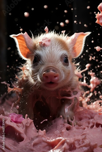 Adorable Piggy Drenched in Pink Juice, Creating a Playful Scene