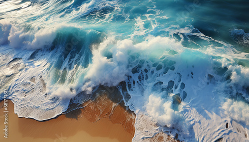 Blue wave crashing on sandy coastline, nature dangerous beauty generated by AI