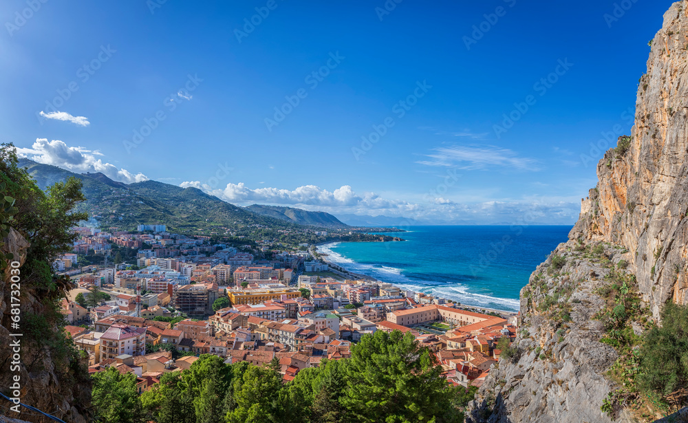 The coast of Cefalu in Sicily, Italy on a beautiful sunny day