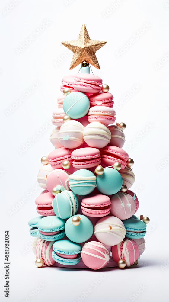 Fototapeta premium Sweet macaroons arranged in a Christmas tree with a star on the top isolated on white background. Colorful macarons dessert representing a Christmas tree.