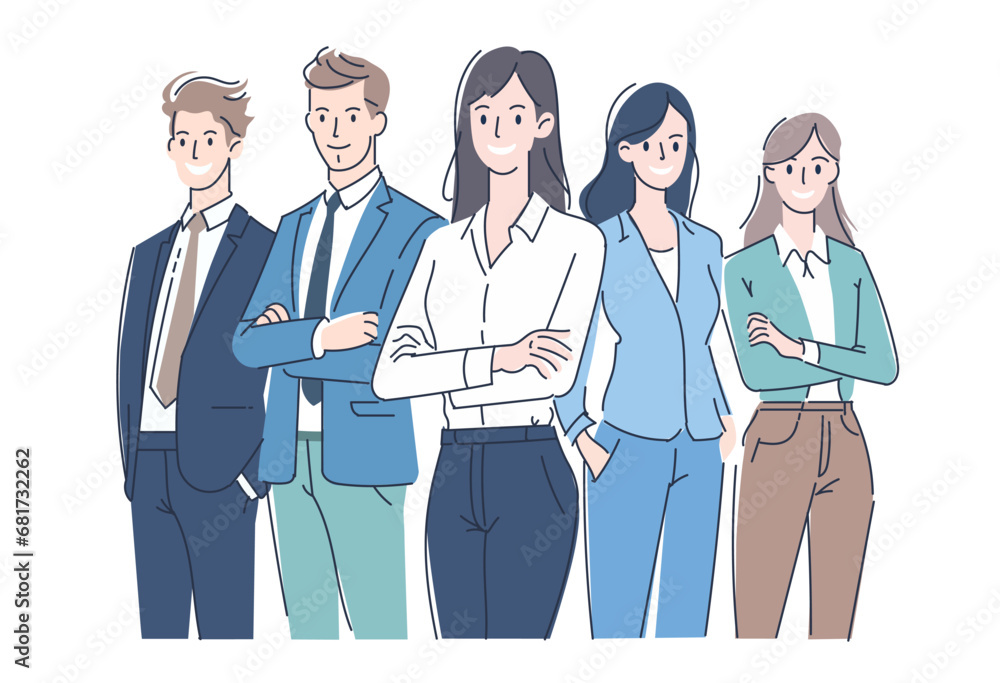 Business people standing together with team leader on the center. Vector illustration. Business people standing together with team leader on the center. Vector illustration.
