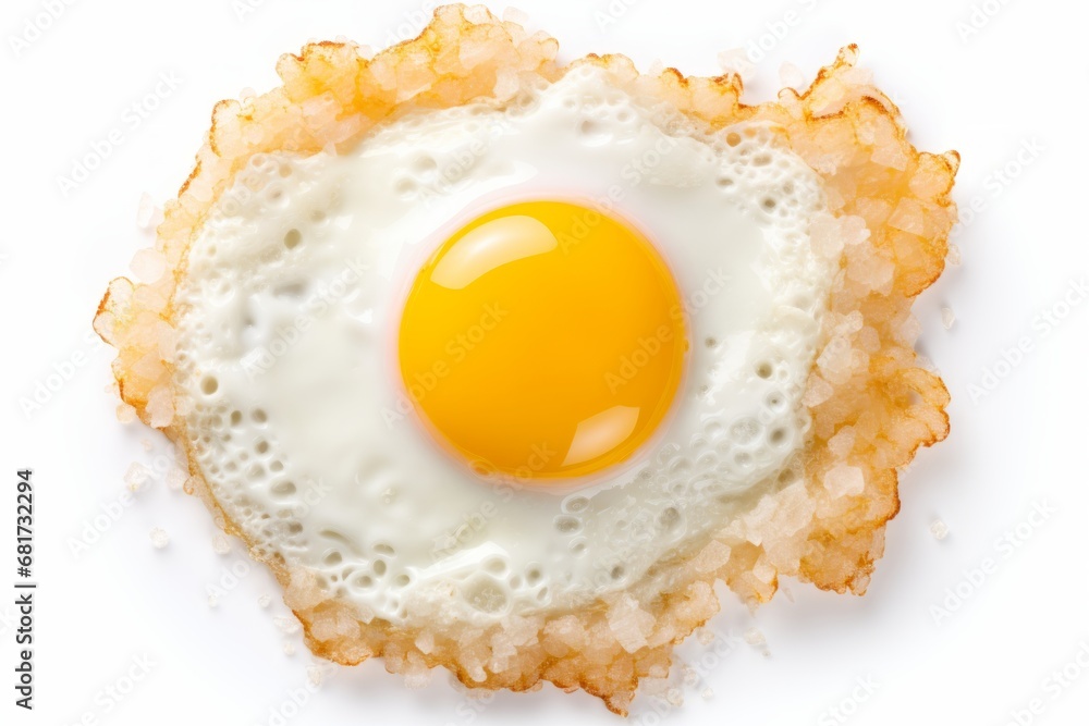 Perfectly cooked fried egg on white background, top view, isolated, appetizingly golden