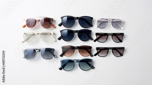 An overhead shot of a flat lay featuring a variety of sleek and modern sungla...