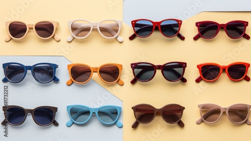 An overhead shot of a flat lay featuring a variety of sleek and modern sungla...
