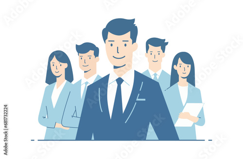 Business people standing together with team leader on the center. Vector illustration.