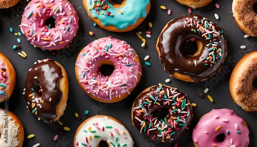 Frosted sprinkled donuts. Set of multicolored doughnuts with sprinkles, Various colourful donuts, glazed donuts on pink background.