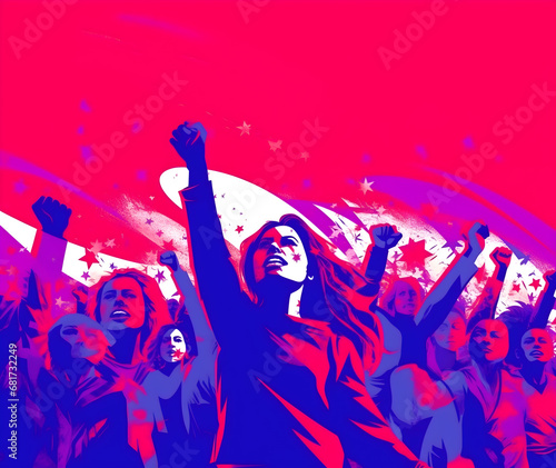 ilustracion en alto contraste de mujeres en lucha por el dia de la mujer rosa y morado, 8 de marzo, maño con puño poder, feminismo photo