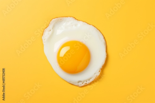 Perfectly cooked fried egg with golden yolk on isolated yellow background, top view perspective