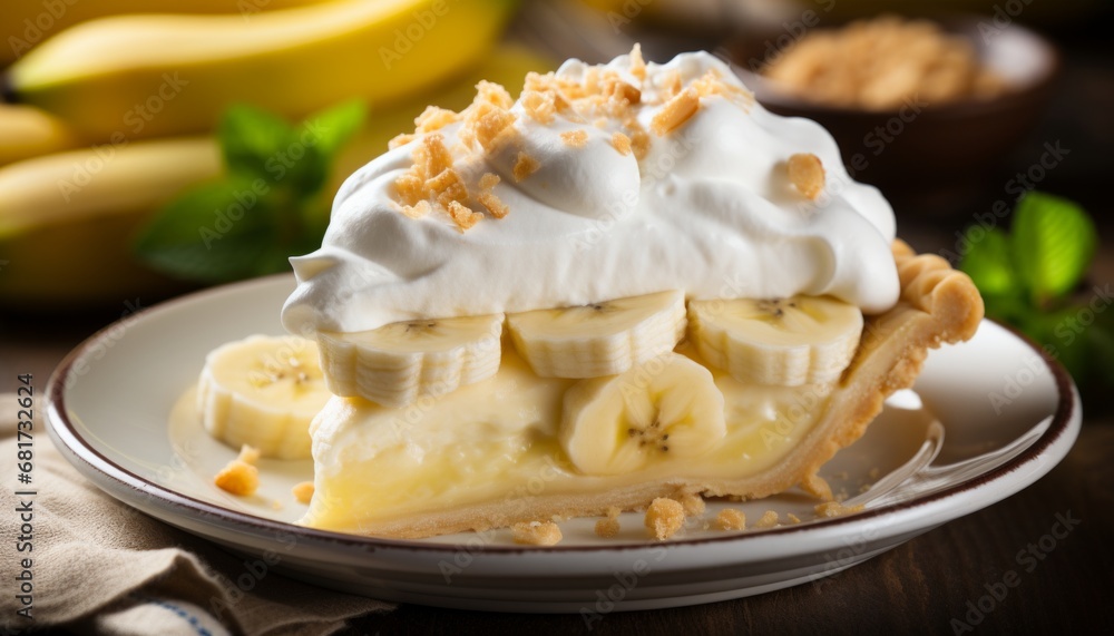 Delicious and tempting banana cream pie on rustic wooden background, perfect dessert for food lovers Delicious and tempting banana cream pie on rustic wooden background, perfect dessert for food lovers