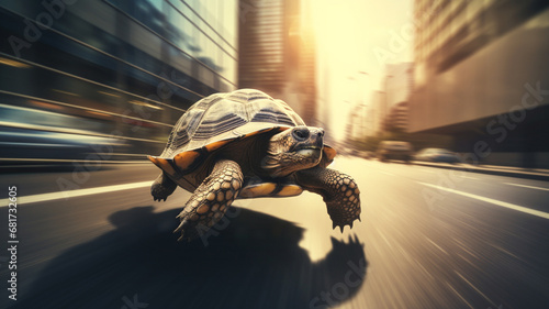 Speedy turtle runs through the city