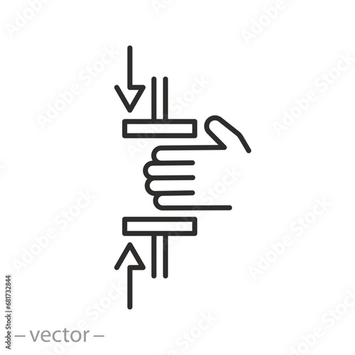 press down your hand icon, pinched fingers, clamped hand, injury fingers, thin line symbol - vector illustration