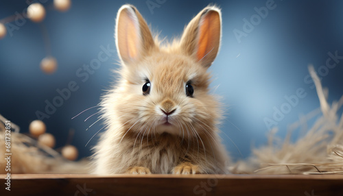 Fluffy baby rabbit sitting in grass, looking at camera generated by AI