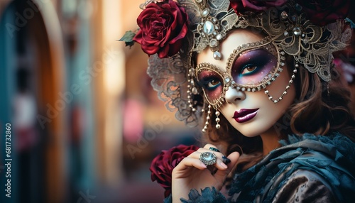 Beautiful woman wearing venetian carnival costume on vibrant background with copy space © Ilja