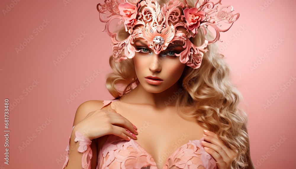 Colorful carnival masked young woman poses in studio with copy space for text placement