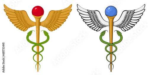 Gold Caduceus Medical Icon Vector Flat Style element set. Medical Snake Rod with Wings Caduceus Golden Cartoon Logo Sign Template Vector Isolated on White Background. Solid color