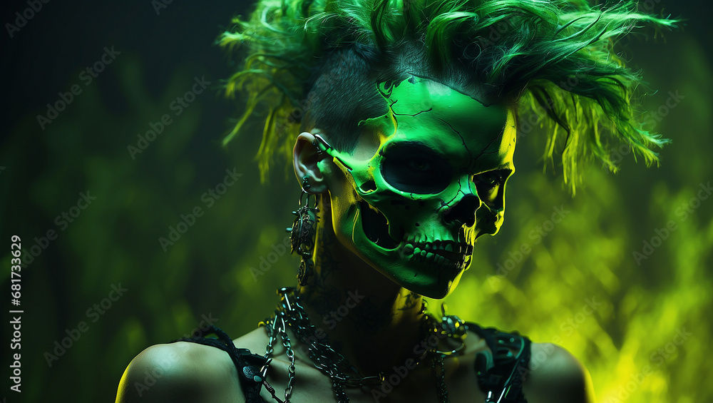 A Dynamic Digital Portrait of a Punk Style Skull in Enchanting Illumination, Fragmented Power, and Neon Brilliance - AI Generative