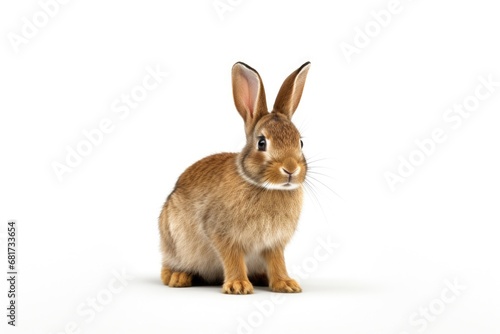 A brown rabbit is pictured sitting on top of a white floor. This image can be used for various purposes, such as illustrating the concept of animals, pets, or nature.