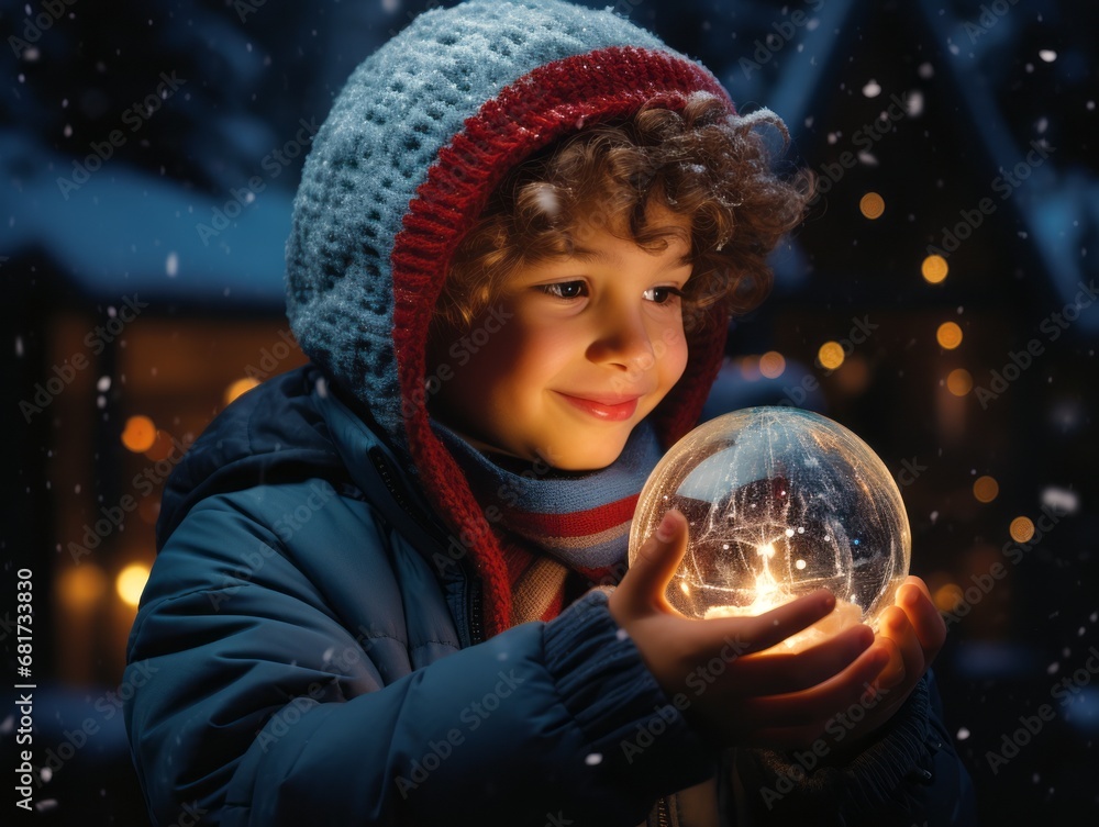 Naklejka premium wonder on a child's face as they unwrap a present to find a magical snow globe