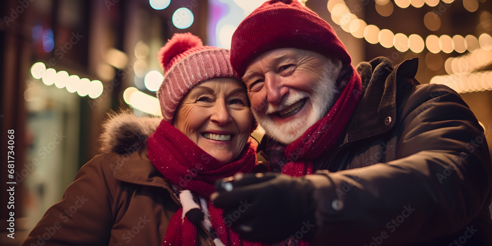 Senior Couple on the Street on a Winter Night - A Heartwarming Image of an Elderly Pair, Smiling and Gazing at the Camera in the Charming Ambiance of a Winter Evening
