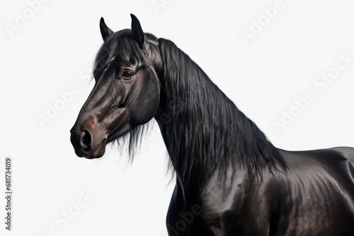 A black horse with a long mane standing in front of a white background. Suitable for equestrian themes and animal lovers.