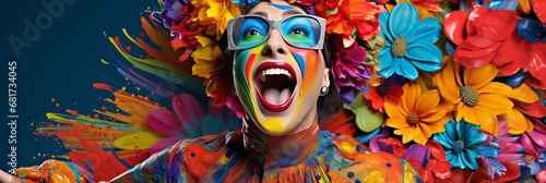 Senior woman in magnificent carnival mask on vibrant studio background with text space photo