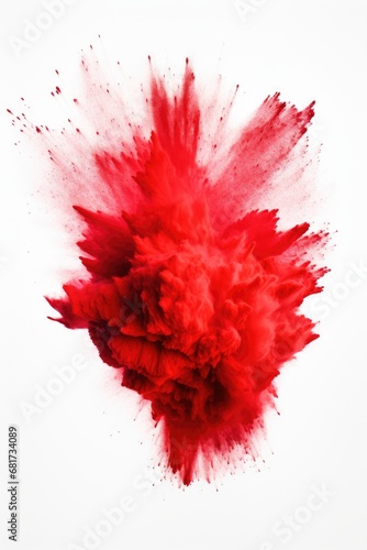A vibrant red powder explosion captured on a clean white background. This image can be used to add a dynamic and energetic touch to various projects.