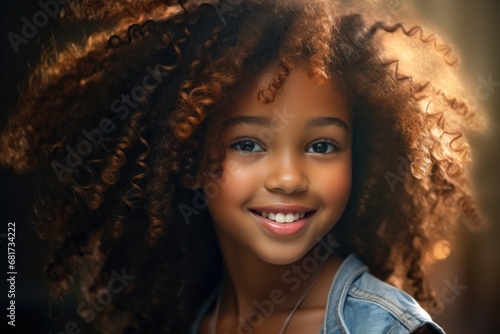 A young girl with curly hair smiling directly at the camera. Perfect for capturing the joy and innocence of childhood. Ideal for use in advertisements  blogs  or educational materials.