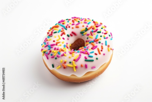 A delicious donut with colorful sprinkles placed on a clean white surface. Perfect for food blogs, bakery advertisements, or sweet treat promotions.