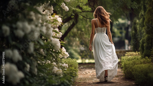 beautiful girl in white dress walking in the garden in summer