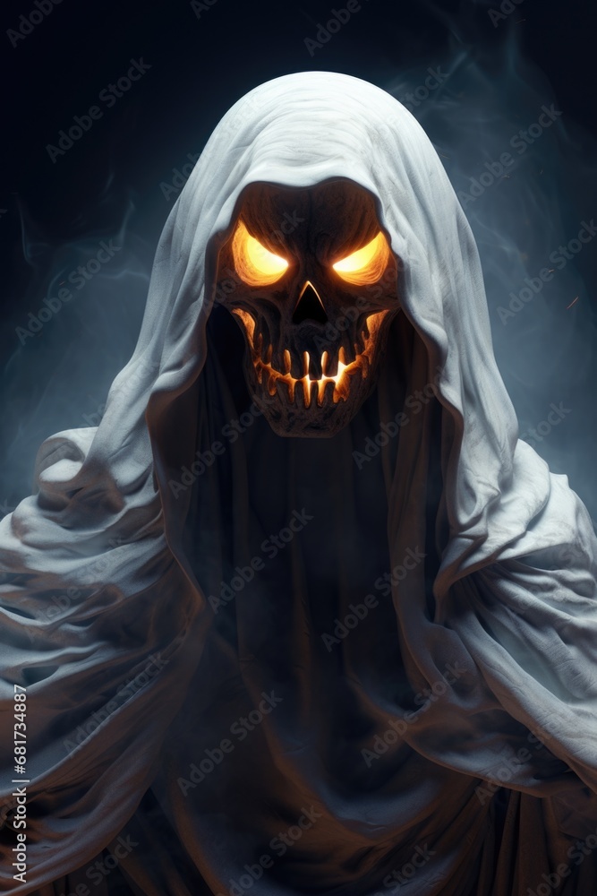 A chilling image of a skeleton with glowing eyes and a hood over its head. Perfect for Halloween-themed designs or spooky projects. A chilling image of a skeleton with glowing eyes and a hood over its head. Perfect for Halloween-themed designs or spooky projects.