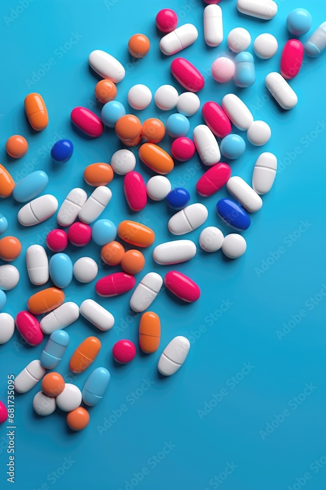 A pile of pills on a blue surface. This image can be used to depict the concept of medication, healthcare, or pharmaceuticals A pile of pills on a blue surface. This image can be used to depict the concept of medication, healthcare, or pharmaceuticals