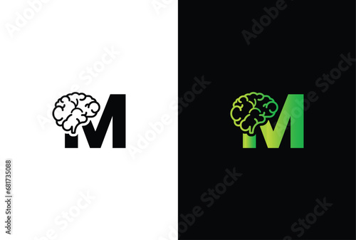 Initial letter M brain logo and icon vector illustration template design. Letter M Brain Idea Logo.