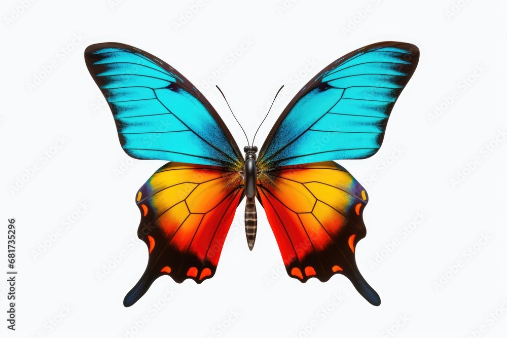 A vibrant butterfly with various colors displayed against a white backdrop. This image can be used for a variety of purposes, including nature-themed designs or educational materials about insects A vibrant butterfly with various colors displayed against a white backdrop. This image can be used for a variety of purposes, including nature-themed designs or educational materials about insects
