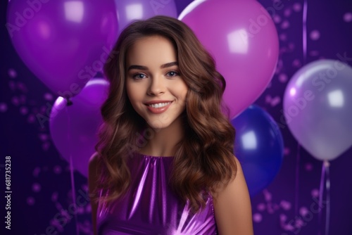 A woman in a purple dress stands in front of a bunch of colorful balloons. This image can be used to celebrate birthdays, parties, or any festive occasion