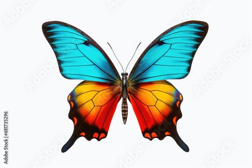 A vibrant butterfly with various colors displayed against a white backdrop. This image can be used for a variety of purposes, including nature-themed designs or educational materials about insects