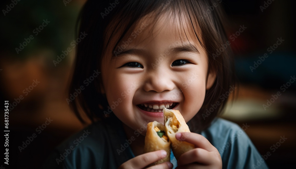 Smiling children enjoying sweet snacks, playing and laughing together indoors generated by AI Smiling children enjoying sweet snacks, playing and laughing together indoors generated by AI