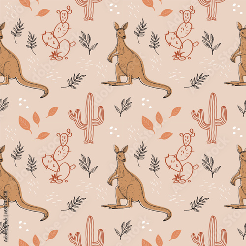 Kangaroo seamless pattern hand drawn background with animals, cactus, plants flat vector illustration. Boho backdrop for wrapping, design, print, paper, textile, card
