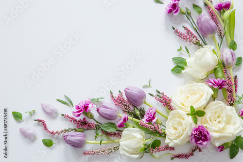 frame of beautiful flowers on white background