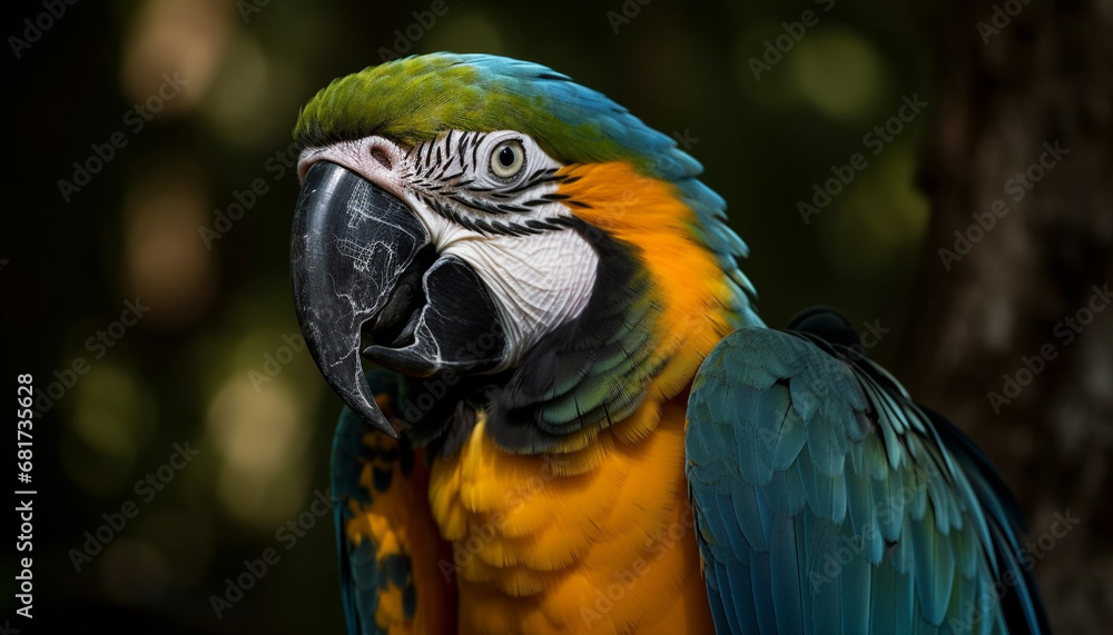 Obraz premium Vibrant macaw perching on branch, looking at camera, talking generated by AI