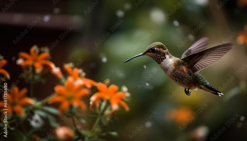 Fototapeta premium Hummingbird hovering, multi colored feathers spread, pollinating a vibrant flower generated by AI