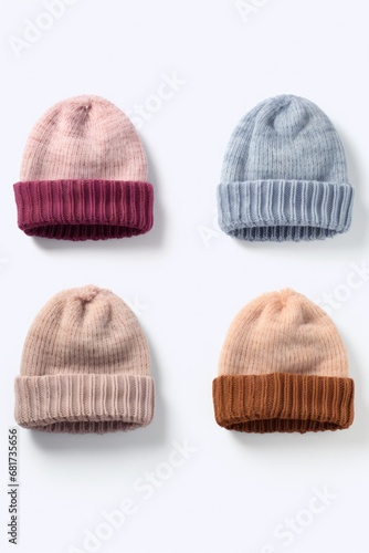 A group of four hats sitting neatly on top of a white surface. Versatile and suitable for various themes and concepts