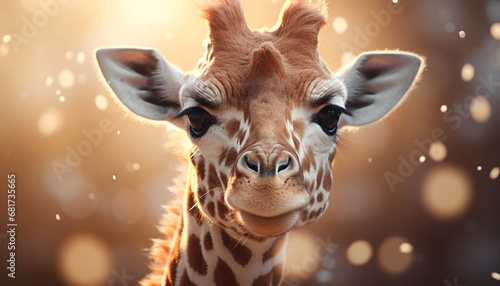 Cute giraffe looking at camera in African savannah at sunset generated by AI © djvstock