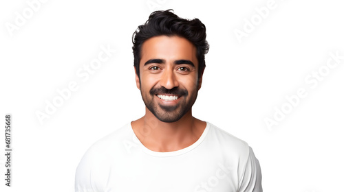 portrait of an attractive indian male in his 30s with a beard smile and looking into the camera isolated against a white background photo