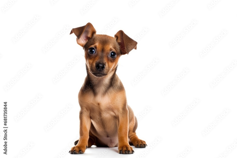 A small brown dog sitting on top of a white floor. Can be used to depict a cute and obedient pet in various settings