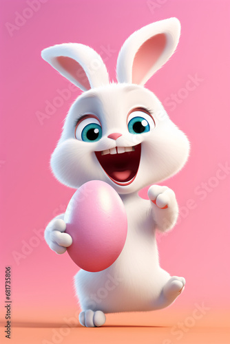 Cheerful Easter bunny with Easter egg. Pink background, copy space.