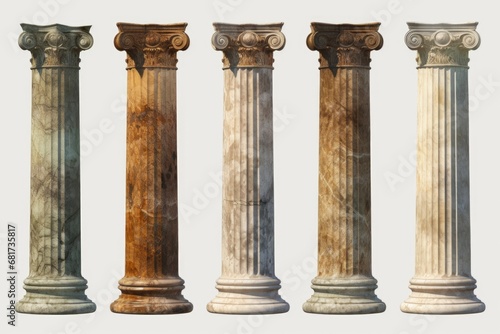 A picture of a row of four different colored marble columns. This image can be used to depict elegance, architecture, or interior design