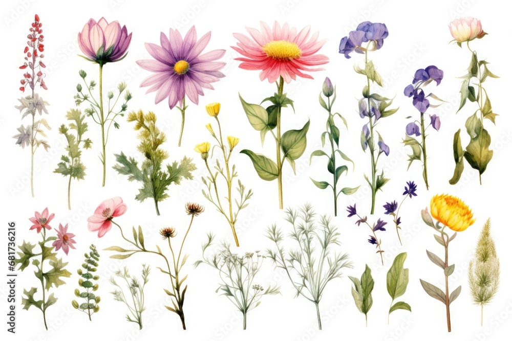 A collection of different flowers arranged together on a plain white background. This versatile image can be used for various purposes